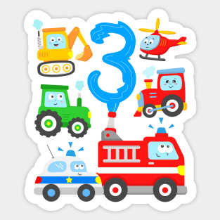 Kids 3 Years Vehicles Fire Truck Police Car Tractor Excavator 3rd BDay Sticker